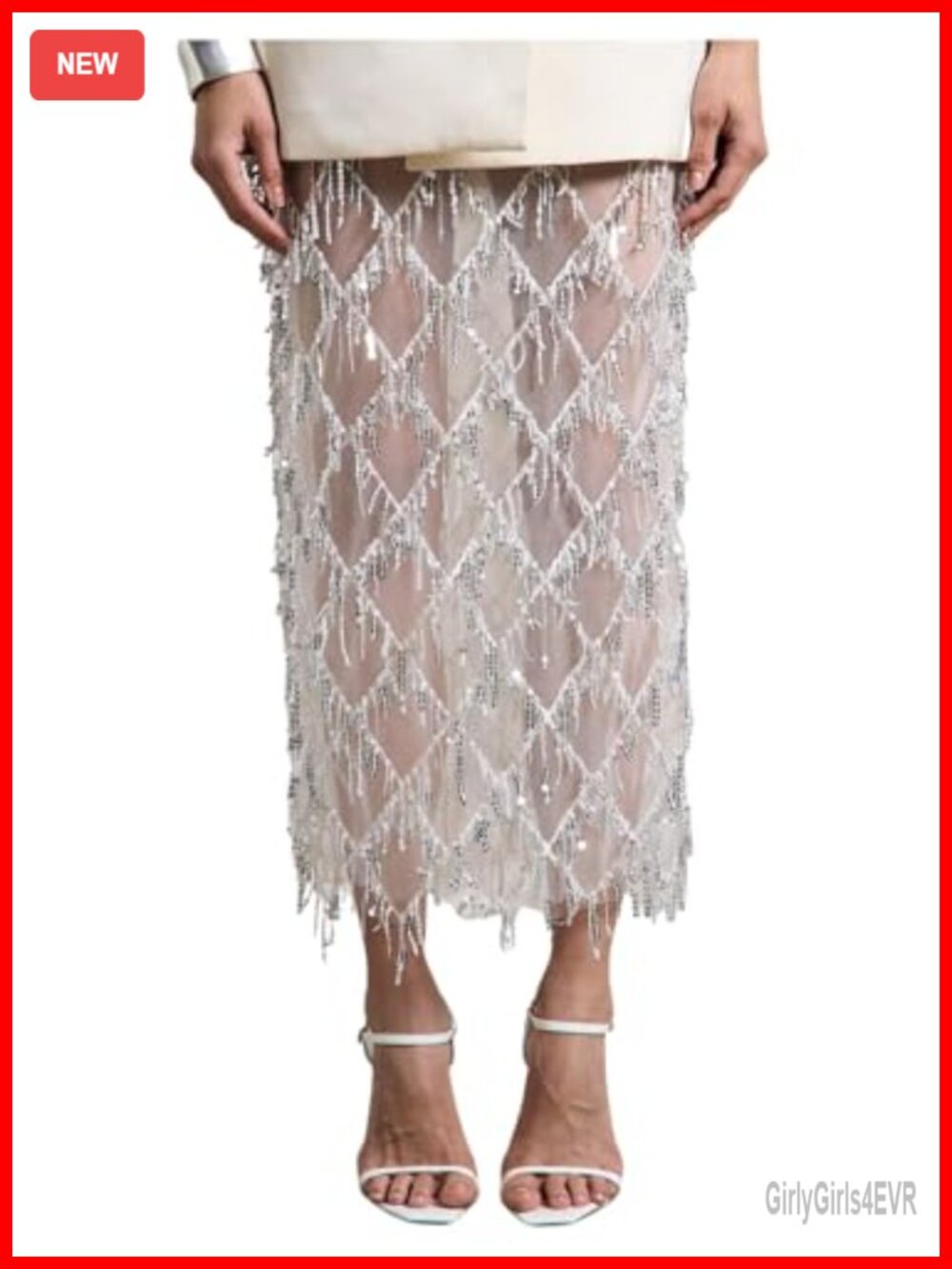 Sequin Fringe Midi Pencil Skirt Sheer Mesh Sparkly Night Out